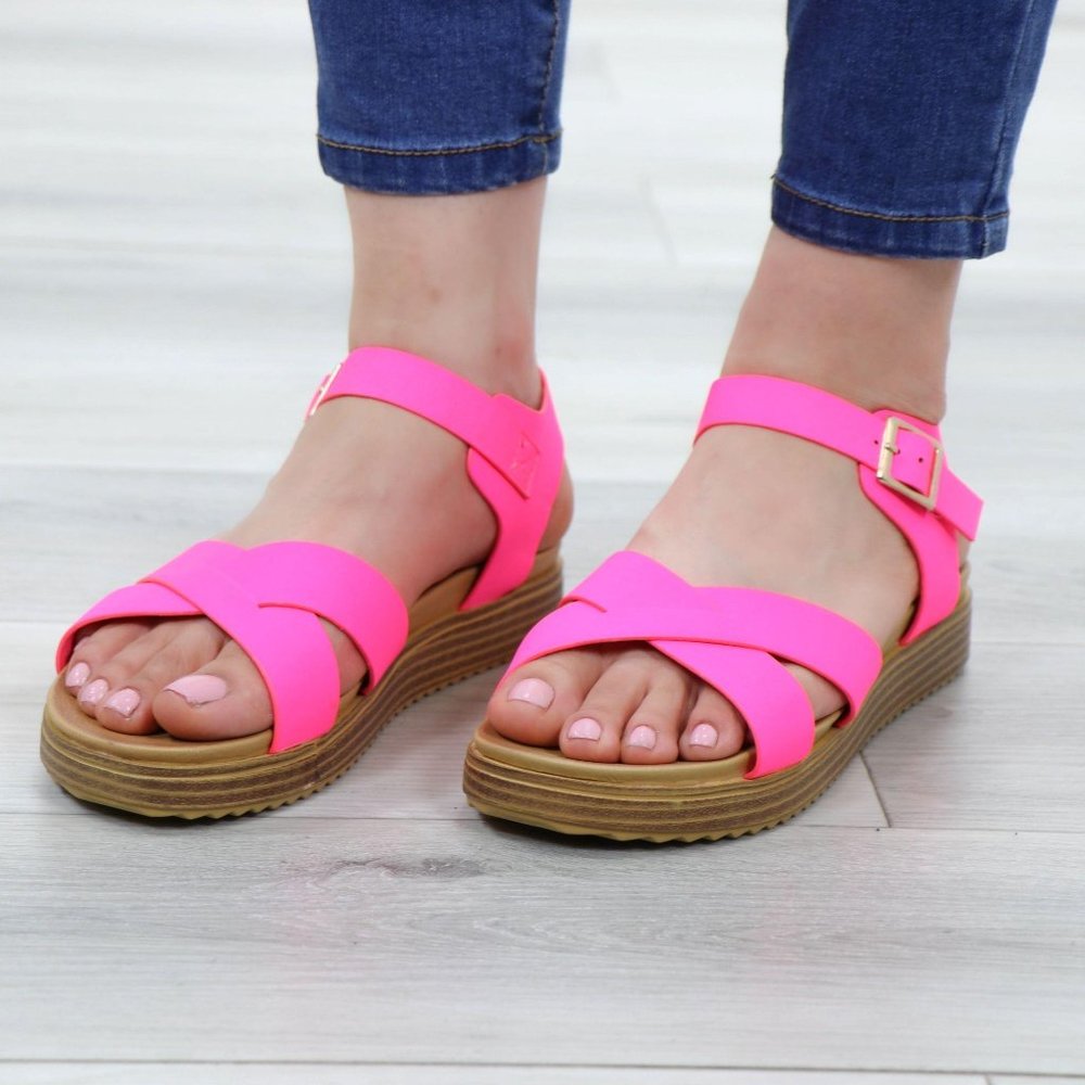 Neon Pink Strappy Comfort Sandals Faux Nubuck - Picture 14 of 14